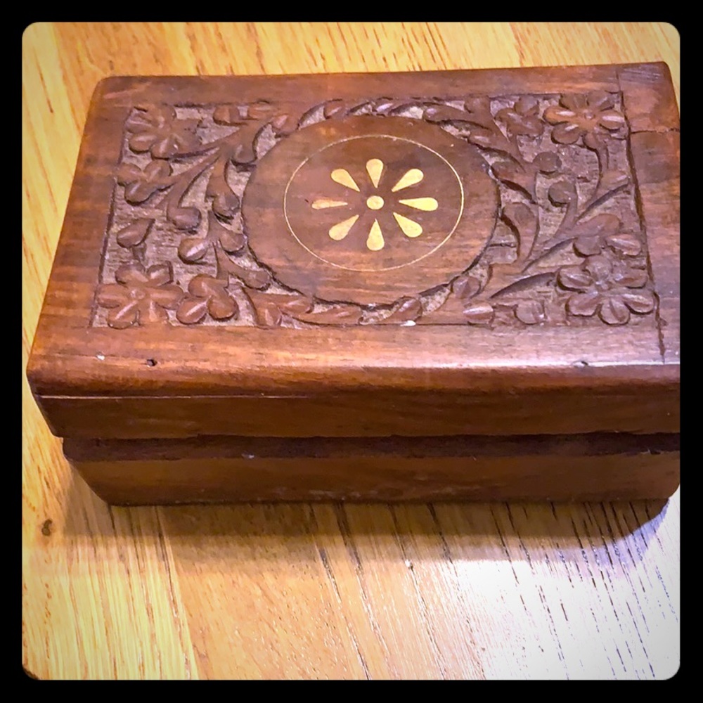 Hand carved Teak wooden box, with gold inlay.